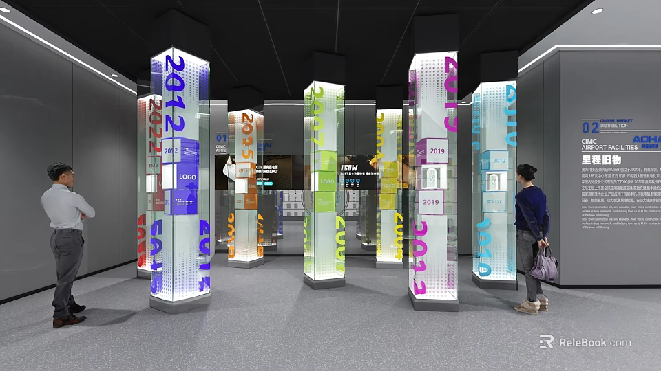 Colorful Glass Pillars With Numbers And Text In Modern Exhibition Hall Interior 3d model 
