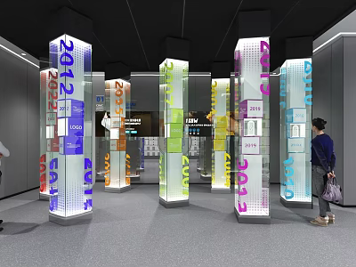 Colorful Glass Pillars With Numbers And Text In Modern Exhibition Hall Interior 3d model
