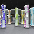 Colorful Glass Pillars With Numbers And Text In Modern Exhibition Hall Interior