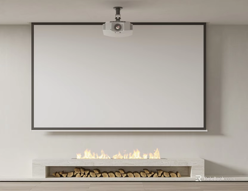 Home Projection Monitor Setup With Large White Screen Fireplace Flames And Firewood 3d model 
