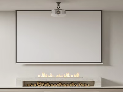 Home Projection Monitor Setup With Large White Screen Fireplace Flames And Firewood 3d model