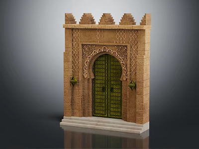 Arabian Style Entrance Gate With Arched Green Door Decorative Walls Wall Lanterns And Marble Steps 3d model