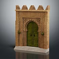 Arabian Style Entrance Gate With Arched Green Door Decorative Walls Wall Lanterns And Marble Steps