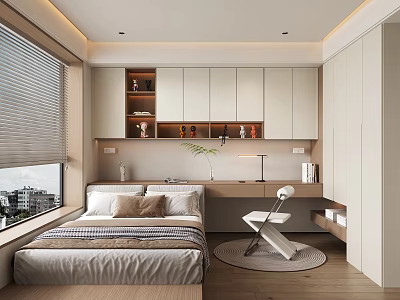 Tatami Bedroom Interior Design With Tatami Bed Desk Round Rug Window Blinds And Cabinets 3d model