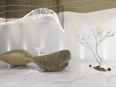 Modern Wave Shaped Wooden Reception Desk With White Marble Floor And Decorative Pendant Light 3d model