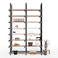 Multi Tiered Storage Shelf Unit with Wooden Shelves and Metal Frame for Home Storage Organization