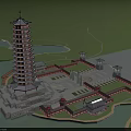 Scenic Ancient Chinese Architecture Pagoda with Water Area and Traditional Courtyard Layout