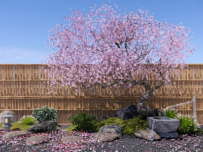 Pink Blossom Tree In Garden With Bamboo Fence Stones Small Lantern And Green Plants 3d model