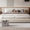 Modern Beige Double Bed Bedroom Interior With Upholstered Headboard Pillows Nightstands And Striped Rug