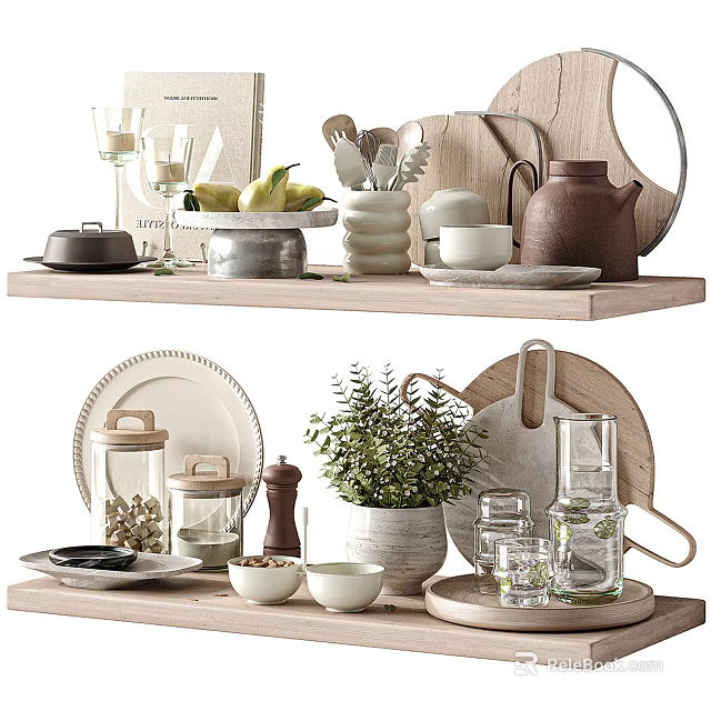 Stylish Dinnerware Set With Ceramic Plates Cups Teapot Glassware And Utensils On Wooden Shelf 3d model 