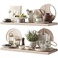 Stylish Dinnerware Set With Ceramic Plates Cups Teapot Glassware And Utensils On Wooden Shelf
