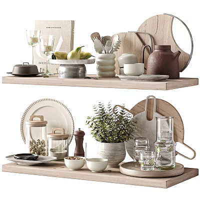 Stylish Dinnerware Set With Ceramic Plates Cups Teapot Glassware And Utensils On Wooden Shelf 3d model