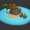 3D Island Scene With Red Roof Cabin Waterfall Wooden Bridge And Green Tree