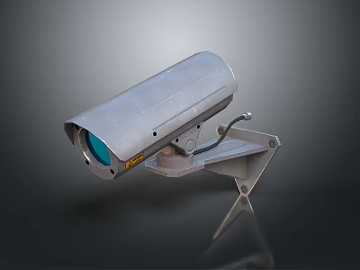 Silver Metal Surveillance Camera With Blue Lens And Mounting Bracket 3d model