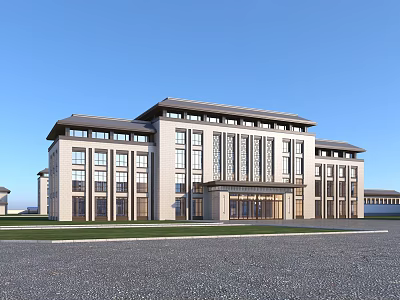 Elegant Modern Office Building Exterior With Large Windows Stone Facade And Front Lawn Area 3d model