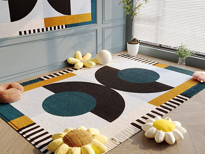 Geometric Square Rug In Living Room With Floral Cushions 3d model