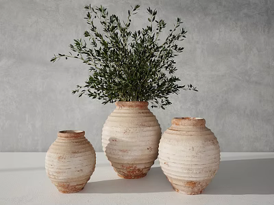 Three Ceramic Vases With Green Foliage On White Countertop Against Gray Background 3d model