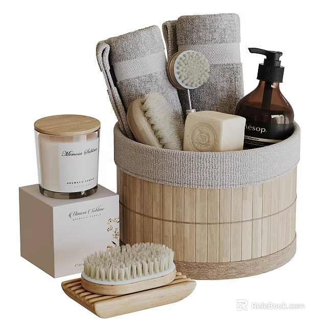 Essential Bathroom Accessories With Storage Basket Towels Bath Brush Soap Candle And Soap Dispenser 3d model 
