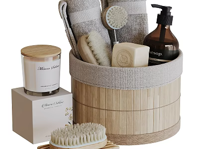 Essential Bathroom Accessories With Storage Basket Towels Bath Brush Soap Candle And Soap Dispenser 3d model