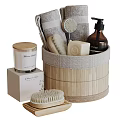Essential Bathroom Accessories With Storage Basket Towels Bath Brush Soap Candle And Soap Dispenser
