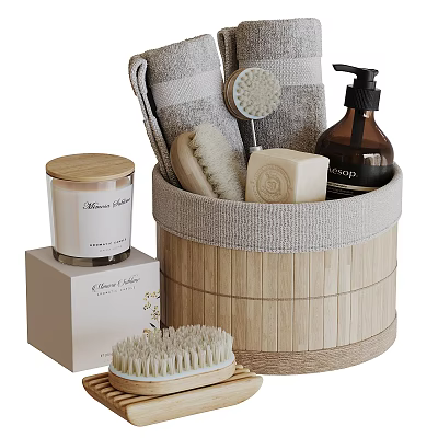 Essential Bathroom Accessories With Storage Basket Towels Bath Brush Soap Candle And Soap Dispenser 3d model