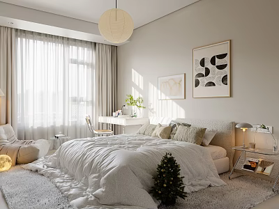 Modern Bedroom Interior Design With White Bedding Large Window Artwork Soft Rug And Christmas Tree 3d model