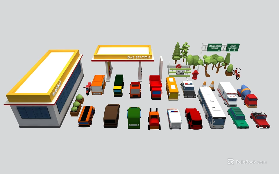 Different Types of Cars Near Gas Station With Trees and Road Signs 3d model 