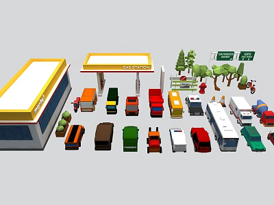 Different Types of Cars Near Gas Station With Trees and Road Signs 3d model