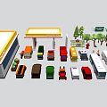 Different Types of Cars Near Gas Station With Trees and Road Signs