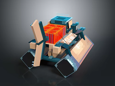 Abstract Geometric Sculpture with Red Orange and Blue Metal Structures in Modern 3D Render Design 3d model