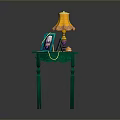 Decorative Green Table With Yellow Lamp Photo Frames On Orange Rug