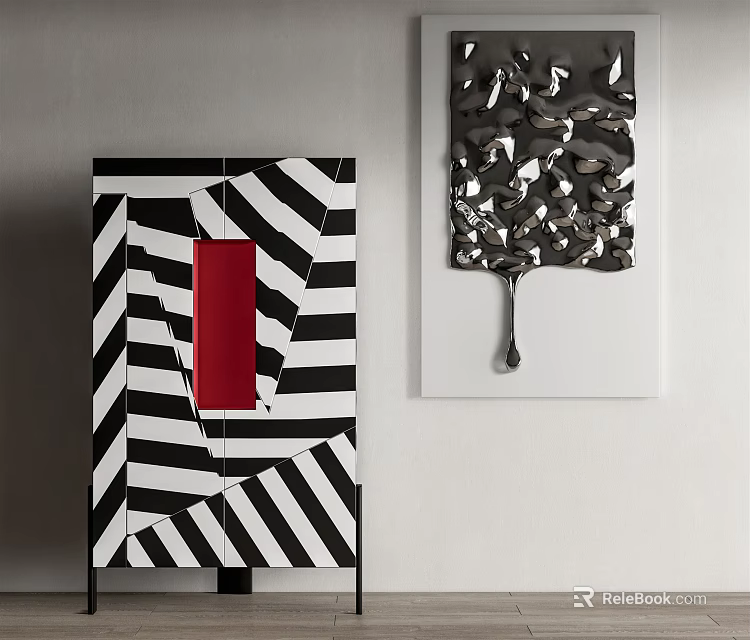 Modern Decorative Cabinet With Black And White Striped Design Red Panel And Metallic Artwork 3d model 