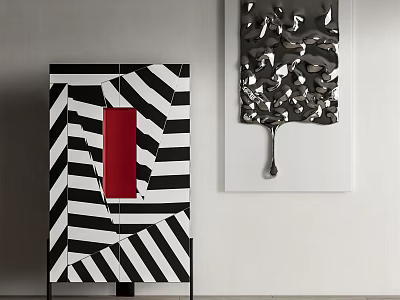 Modern Decorative Cabinet With Black And White Striped Design Red Panel And Metallic Artwork 3d model