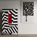 Modern Decorative Cabinet With Black And White Striped Design Red Panel And Metallic Artwork