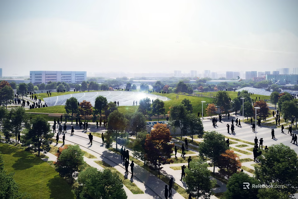 Urban Road Facilities With Pedestrian Paths Lush Trees Green Spaces And People Walking 3d model 