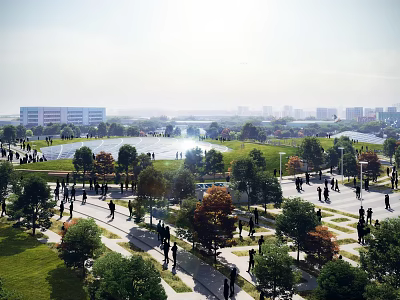 Urban Road Facilities With Pedestrian Paths Lush Trees Green Spaces And People Walking 3d model