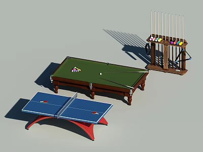 Premium Sports Equipment With Green Felt Billiard Table Blue Ping Pong Table And Cue Rack 3d model