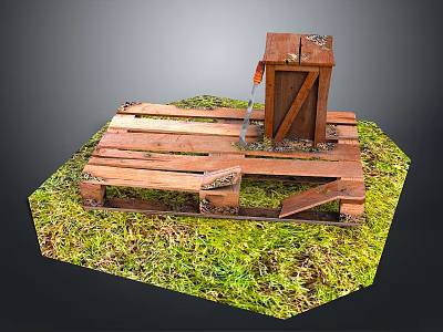 Wooden Pallet Built Structure On Green Grass Area With Vertical Wooden Plank And Metal Parts 3d model