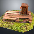 Wooden Pallet Built Structure On Green Grass Area With Vertical Wooden Plank And Metal Parts