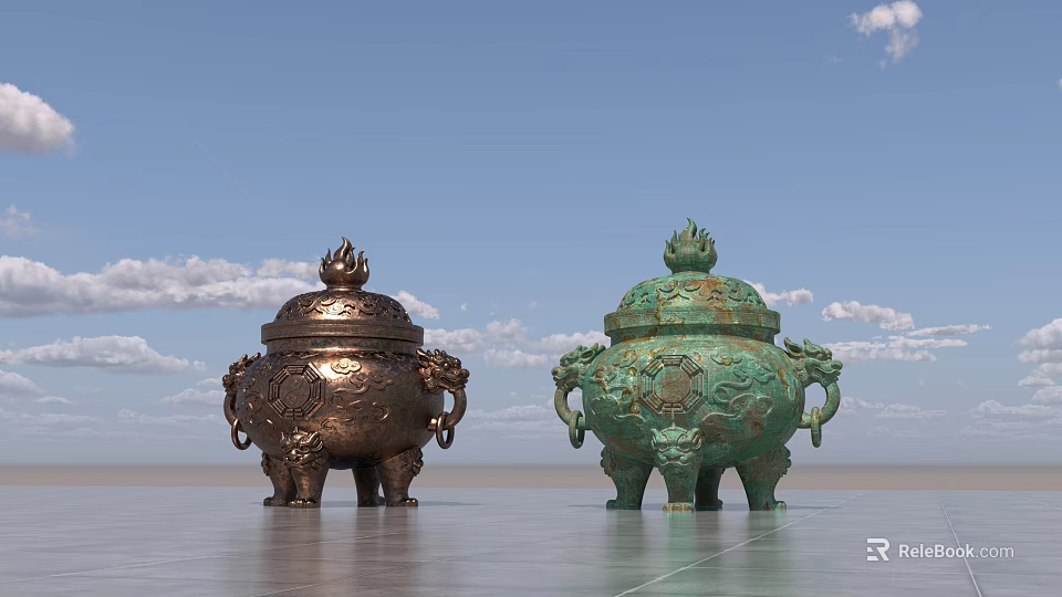 Large Bronze Landscape Sculptures With Intricate Carvings Three Legs Copper Green Hues Open Sky Background 3d model 