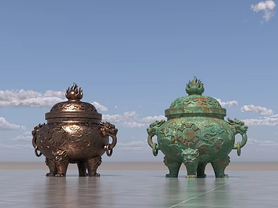 Large Bronze Landscape Sculptures With Intricate Carvings Three Legs Copper Green Hues Open Sky Background 3d model