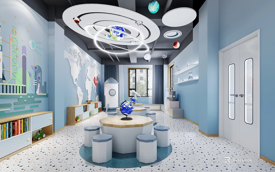 School Geography Classroom With World Map Globe Round Table Blue Walls And Planet Decorations 3d model 