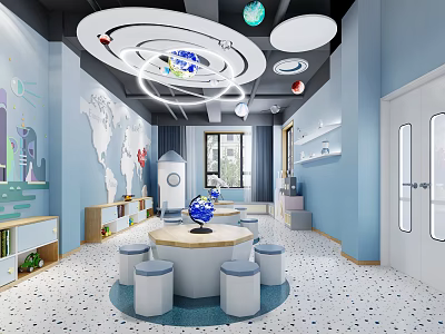 School Geography Classroom With World Map Globe Round Table Blue Walls And Planet Decorations 3d model