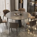 Modern Round Dining Table Set With Six Beige Chairs And Smooth Wooden Surface 3d model