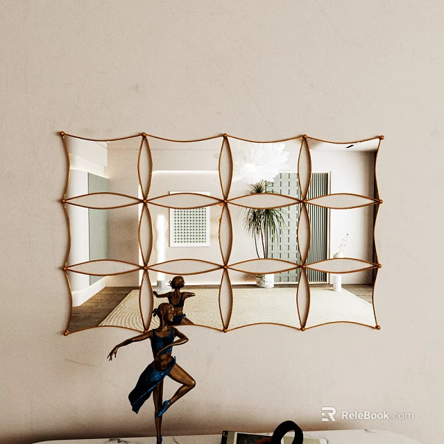 Geometric Framed Mirror With Woven Design Reflecting Interior Room Plant And Figures 3d model 