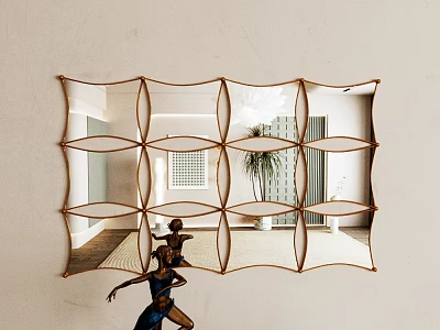 Geometric Framed Mirror With Woven Design Reflecting Interior Room Plant And Figures 3d model