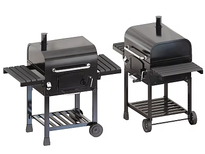Two Black Barbecue Grills As Kitchen Appliances With Stands And Wheels 3d model