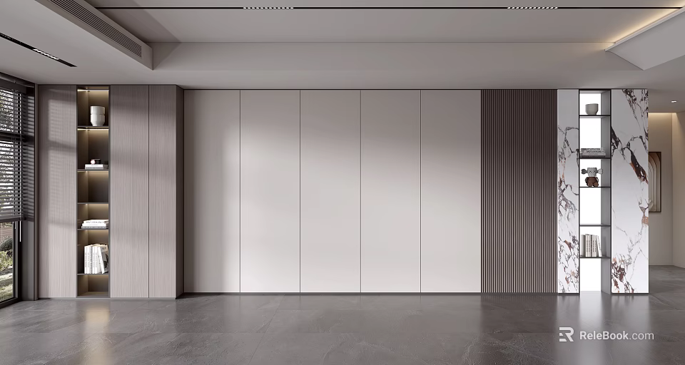 Modern Minimalist Sofa Backdrop Wall Design With Gray White Panels And Wooden Accents 3d model 