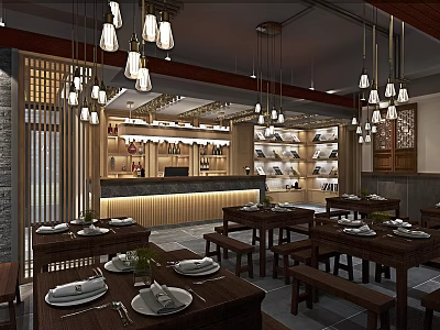 Chinese Style Restaurant Interior With Wooden Structure Chandeliers And Dining Tables 3d model