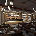 Chinese Style Restaurant Interior With Wooden Structure Chandeliers And Dining Tables